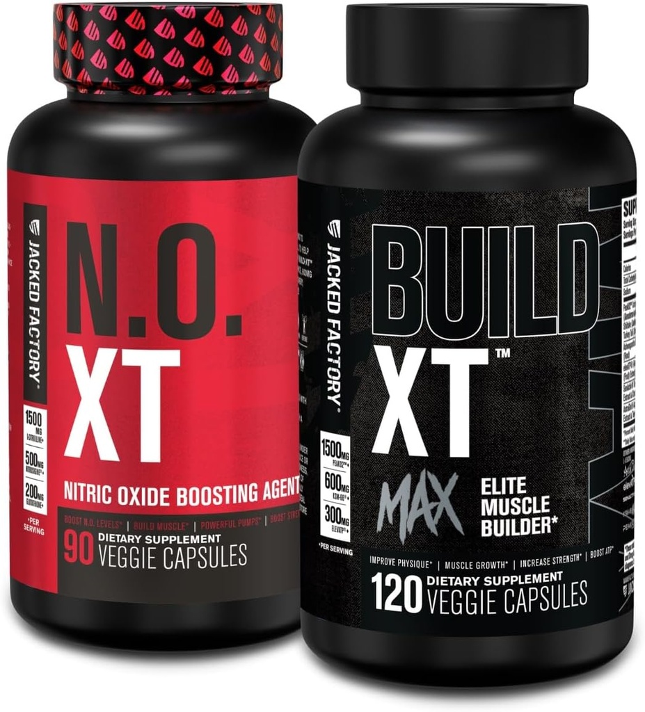 Jacked Factory N.O. XT Typpioksidi täydentää (90 Count) & Rakentaa XT Max Elite Lihas rakentaja (120 Count)