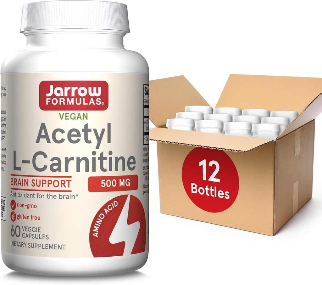 Jarrow Formulas Acetyl L-Carnitine 500 mg, Kosttillskott, Aminosyra Stöd för hjärnhälsa och antioxidanter, 60 Veggie kapslar, 60 Dag Supply (Pack av 12)