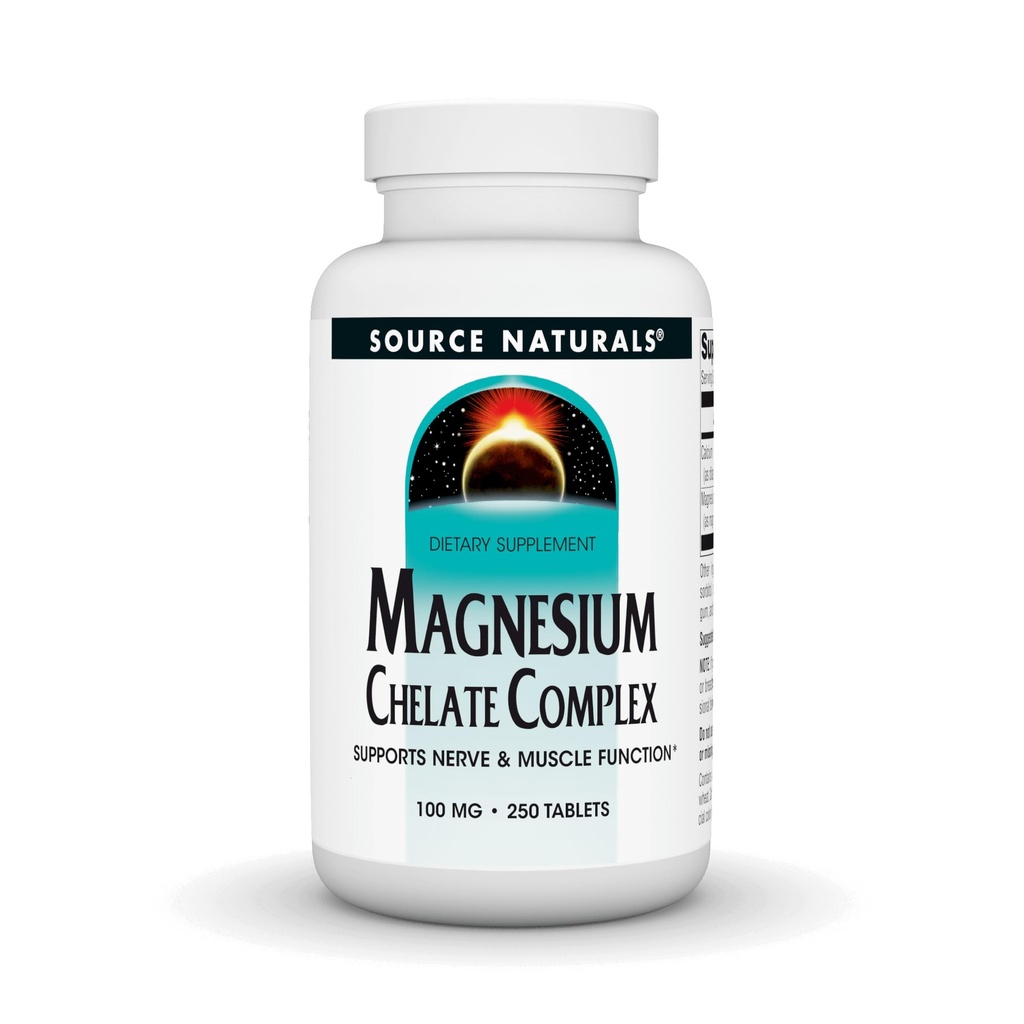 Source Naturals Magnesium Chelate - tukee hermojen ja lihasten toimintaa - 250 tablettia