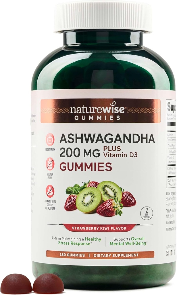 NatureWise Ashwagandha Gummies - Mansikkakiivut - KSM-66 D3-vitamiinilla - Calming Mood Support - Kasvissyöjä - Ei-GMO, Liivate ja gluteeniton - 180 Count [30]