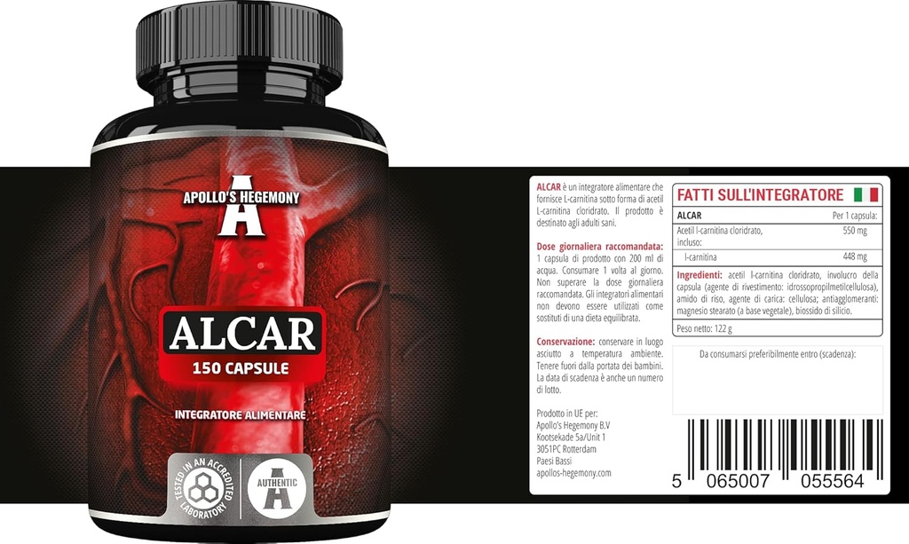 APOLLO: s HEGEMONY Acetyl L-Carnitine HCL 550 mg, ALCAR 150 Vegan Capsules, 5 månader Supply, Hög styrka Amino Acid Supplement, Stöder kognitiva funktioner och energinivåer