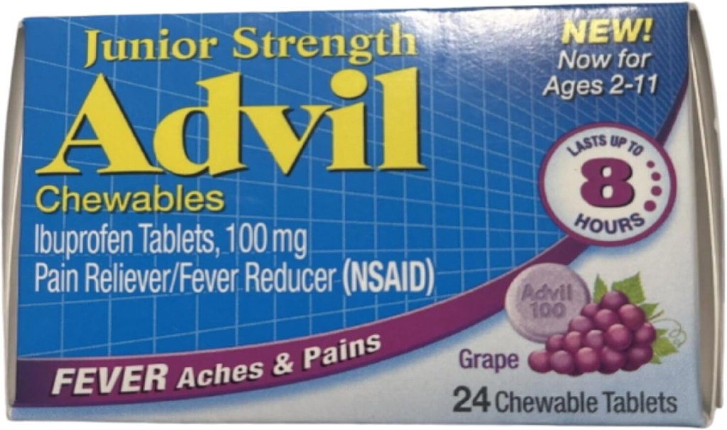 Advil Junior Chewable Ibuprofeeni Tabletit, rypäle 100 mg, 24 tablettia Jokainen (Pack of 4)