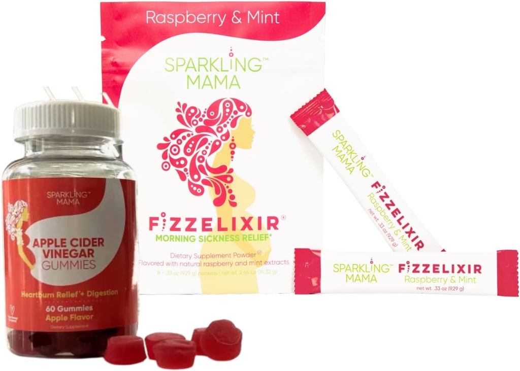 Sparkling Mama's Morning Sickness Relief ~ Raspberry Mint, 8 Count och Apple Cider Vinegar Gummies | Utsökt Apple Flavor, 60 Gummies