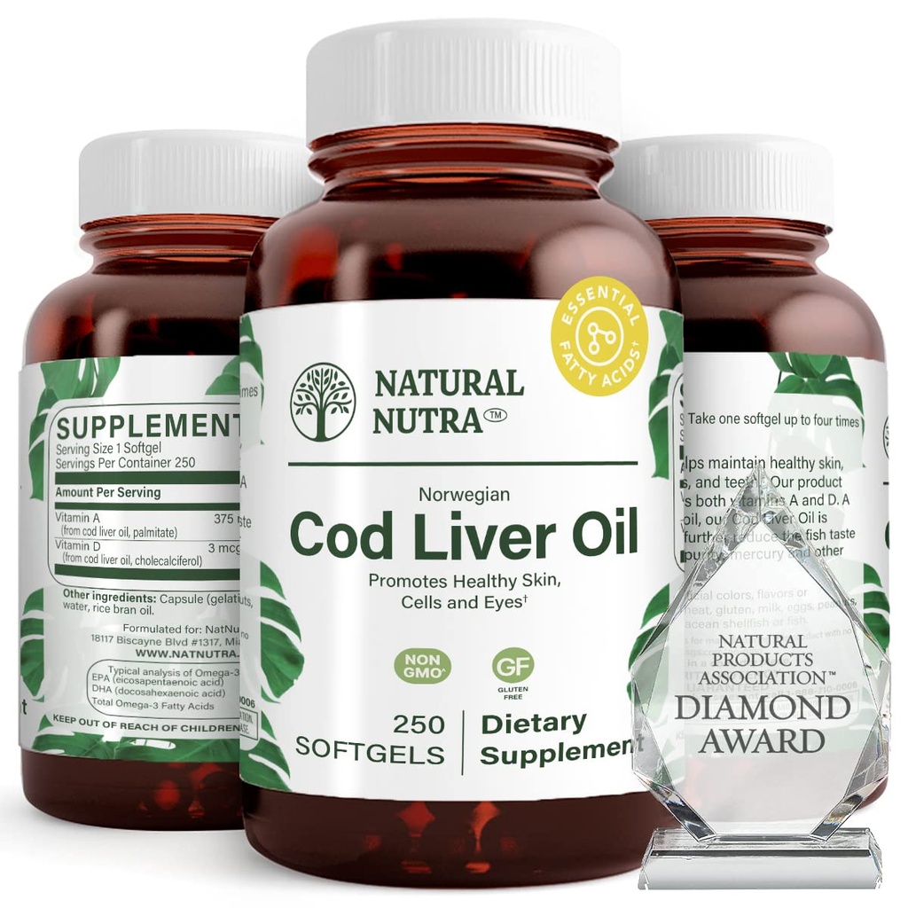 Natural Nutra Norwegian Cod Liver Oil Supplement, auttaa säilyttämään ihon, auttaa säilyttämään kehon tiheys, silmien terveys & hermofunktio, edistää hammasterveyden, tukee sydän- ja verisuoniterveys, 250 Softgels