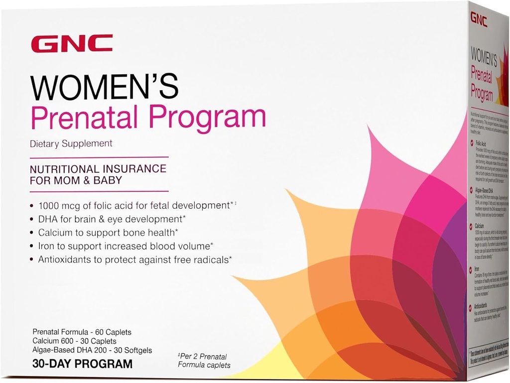 GNC Women's Prenatal Program, Daily Supplement System, Stöder Hälsosam Utveckling för Din Baby med Zink & Järn för Fetal Needs, Riktad Prenatal och Graviditet Essentials, 30 Packs