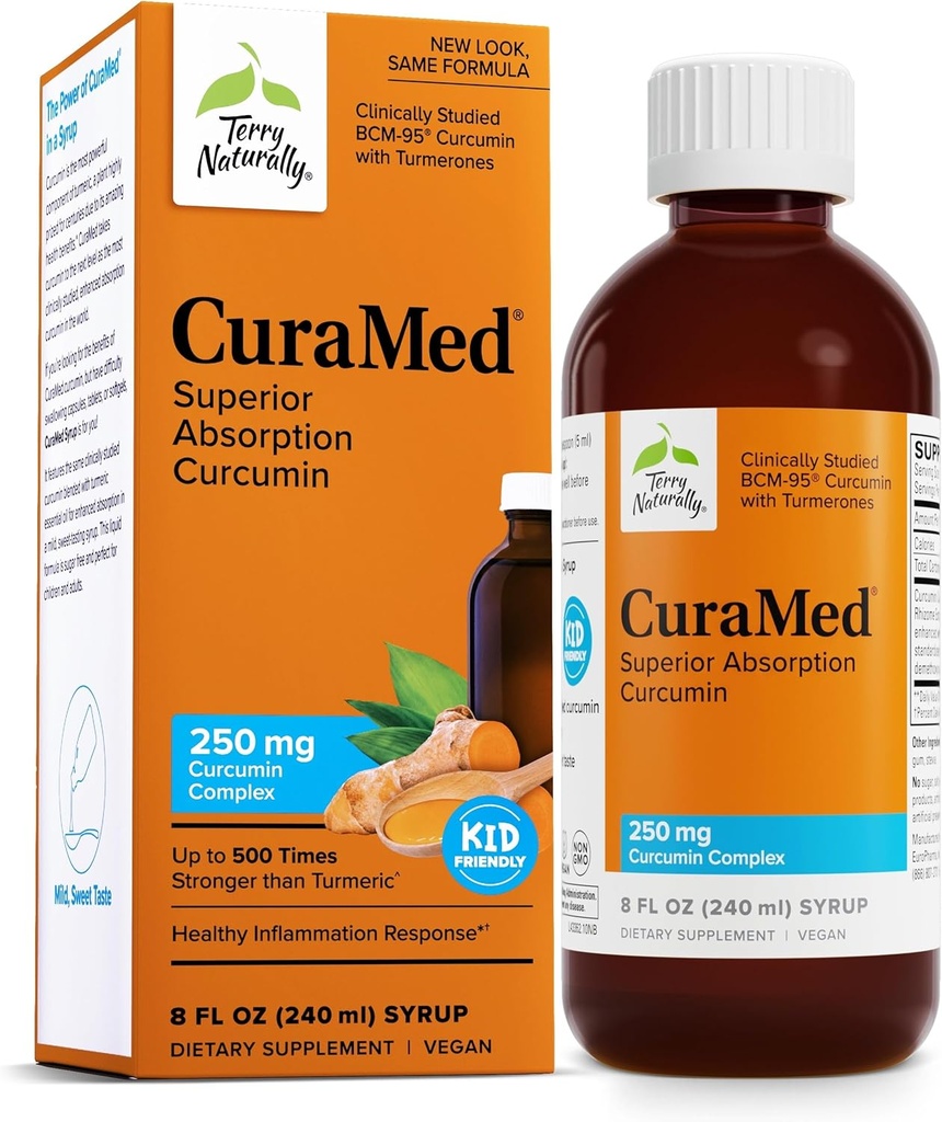 Terry Luonnollisesti CuraMed Syrup - Brain & Immuno Health Support Supplement - Curcumin Imeytyminen Formula Turmeric Essential Oil - Gluteeniton & Vegan Supplement - 8 fl oz