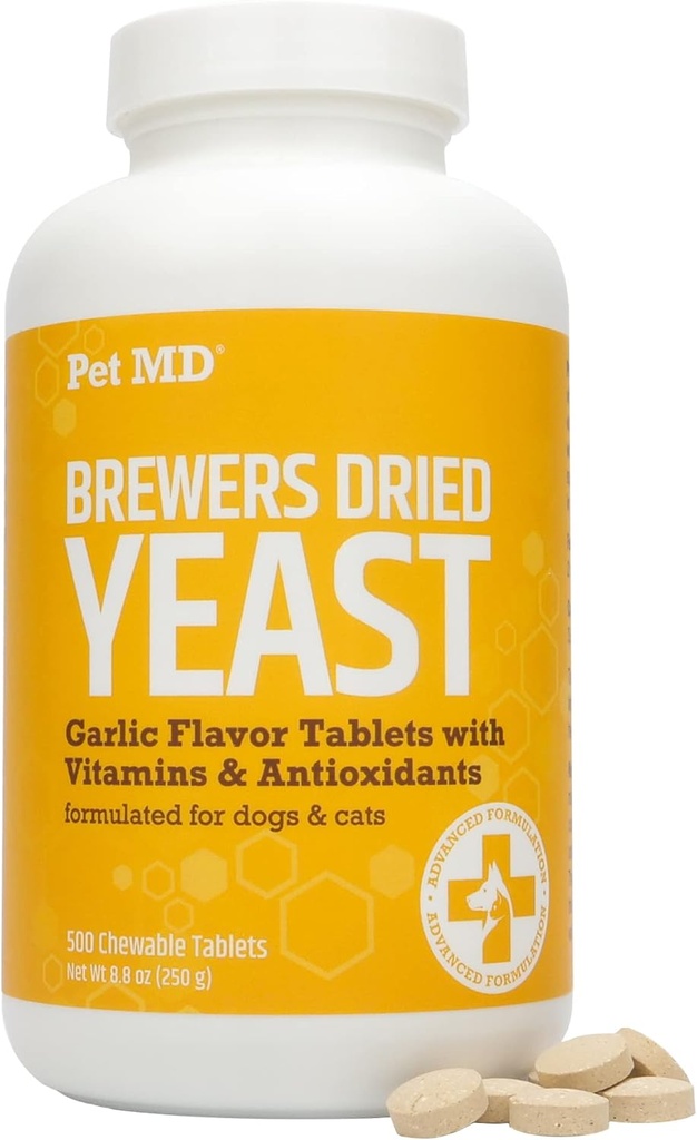 Pet MD Garlic & Brewers Yeast för hundar och katter - vitlök och jäst Plus Antioxidanter - Brewer Yeast tabletter för hundar och katter - Vitamin B 1 & Vitamin C - 500 ct