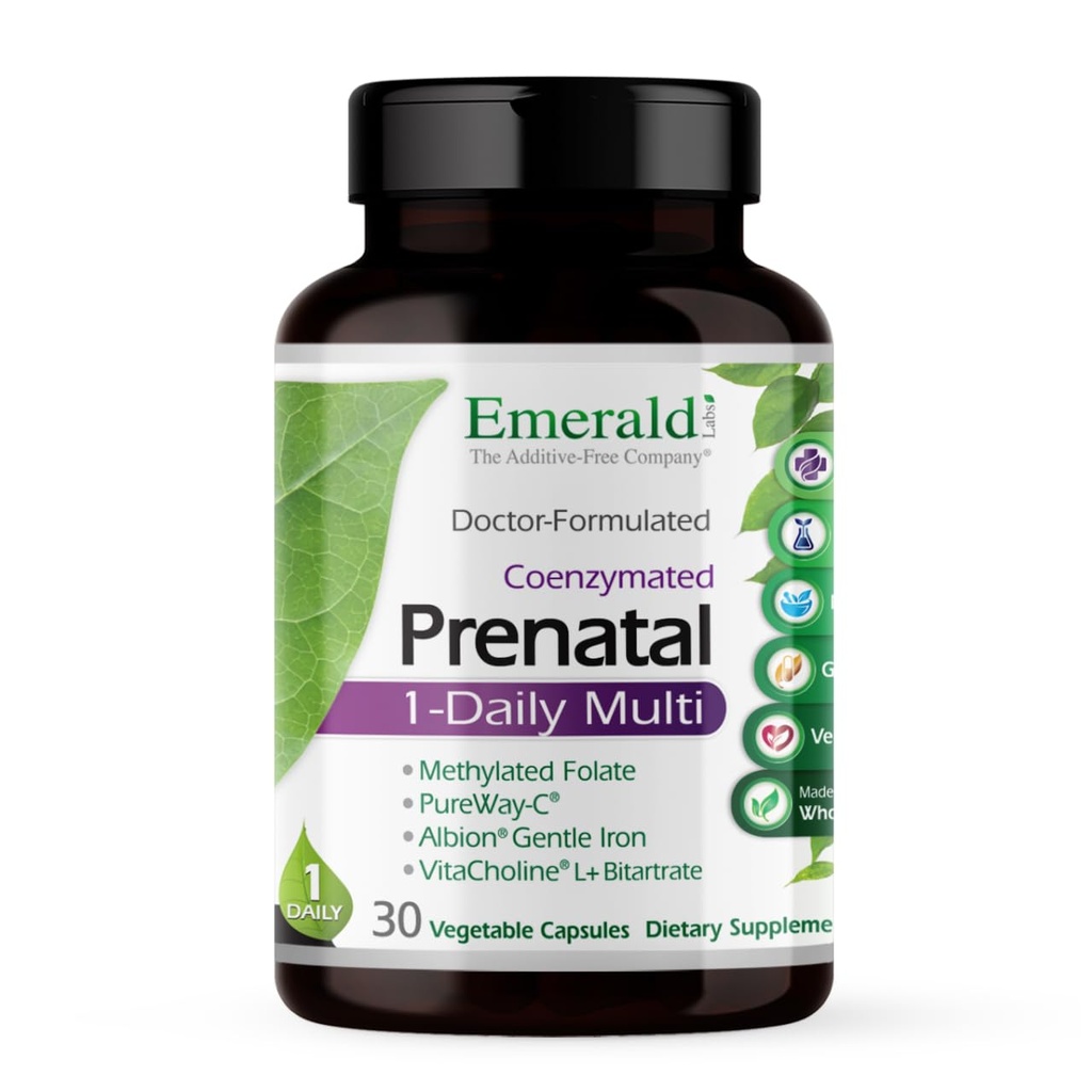 Emerald Labs Prenatal 1-Daily Multi - Prenatal Multivitamin med Methylated Folate, Iron, Whole-Food Blend & More - Soy-Free, Gluten-Free - 30 Vegetable Capsules