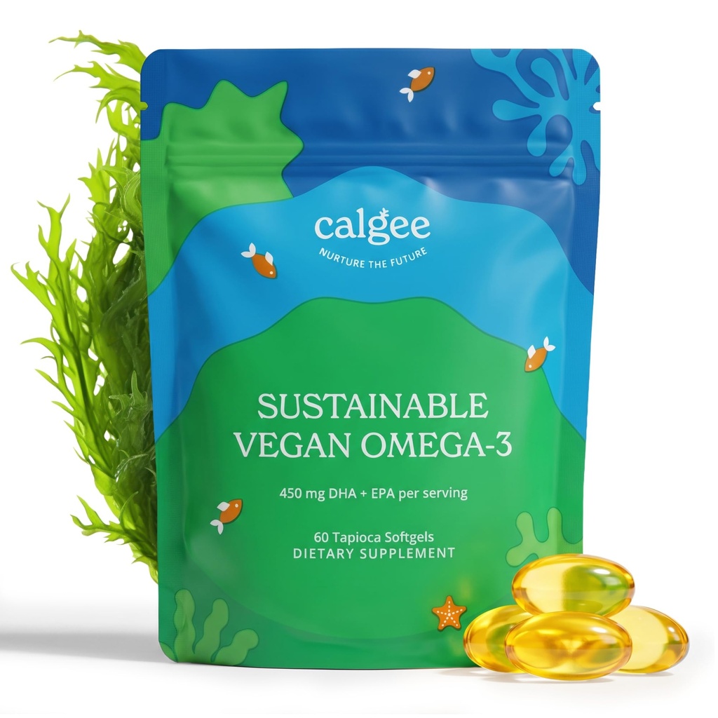 Calgee Vegan Omega 3-450mg DHA & EPA rasvahapot - kestävät levät öljy - Kasviöljy Vaihtoehtoinen - Carragenan-vapaat Pehmeät (60 Ct)