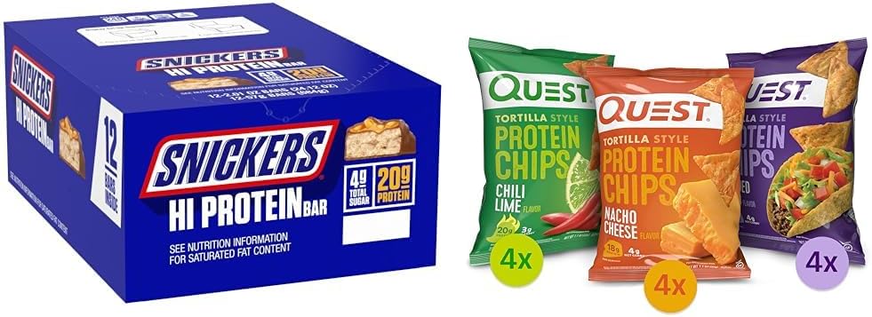SNICKERS Hi Protein Maapähkinä Caramel Bar Bulk Box, Quest Tortilla Protein Chips Variety Pack