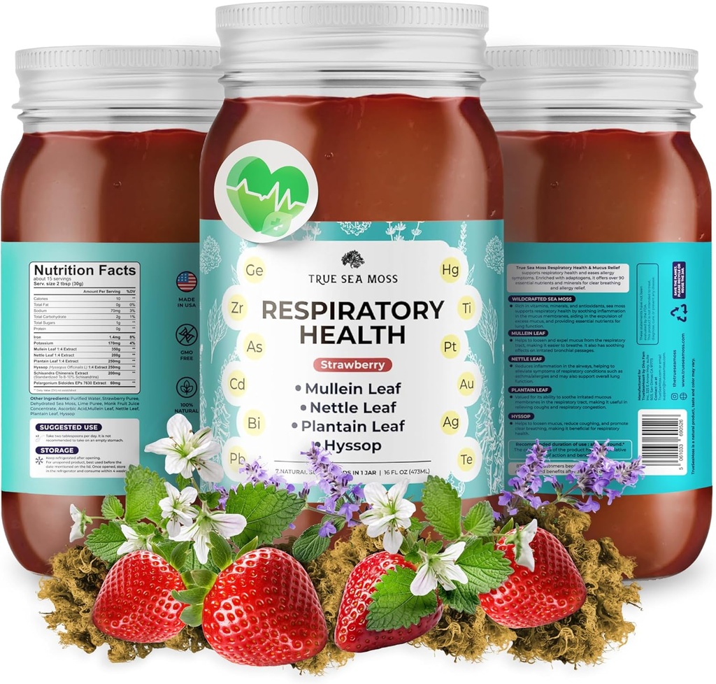 TrueSeaMoss Pro-Line Gel - Andningshälsa - 5 + smaker - Fruit Gel med Premium Sea Moss & Potasium - Vegan-Friendly - Vitamin & Mineral Rich Supplement - Tillverkad i USA (Strawberry, Pack of 1)