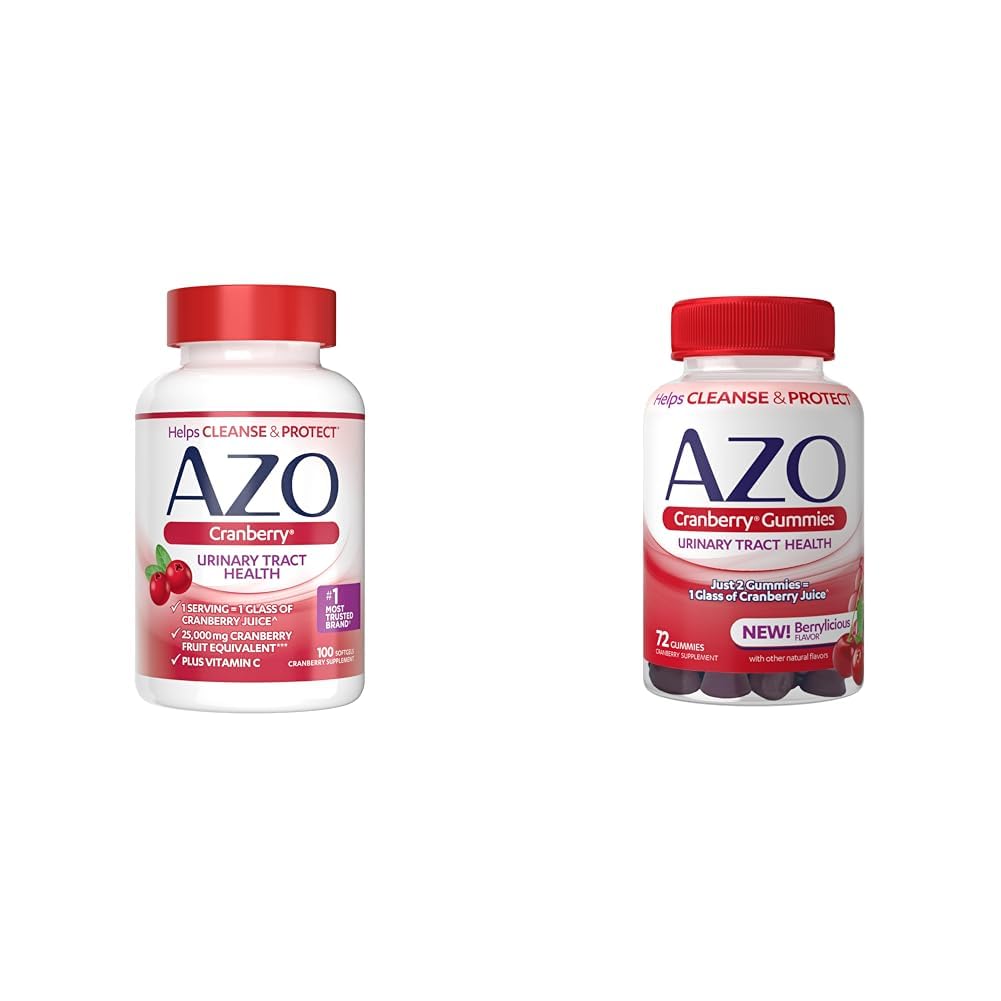 AZO Cranberry Virtsatie Tract Health Supplement Softgels & Gummies, 1 Softgel/Gummy = 1 Lasi karpalomehu, sokeriton, ei-GMO, 100 Softgels & 72 Gummies