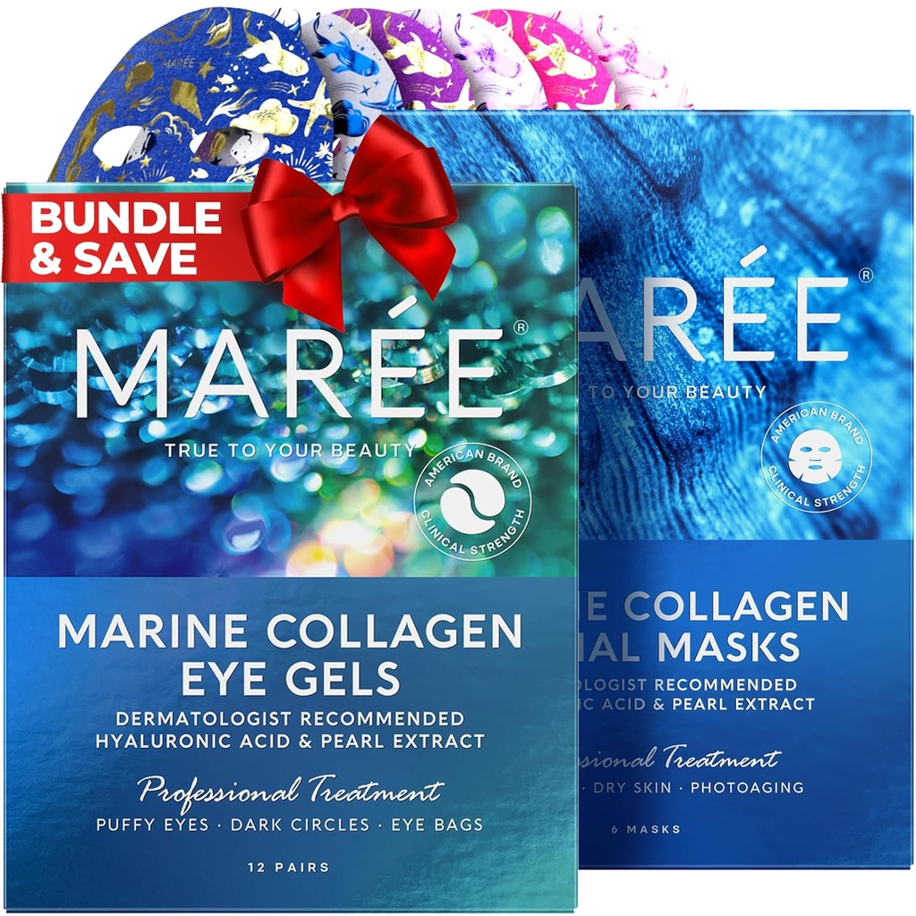 MAREE Eye Gels & Facial Maskes Bundle - Under Eye Gels for Puffy Eyes and Dark Circles, Sheet Kosteuttavat Naamiot - Marine Collagen & Hyaluronic Acid, Green & Red Algae Extract - kaikille ihotyypeille