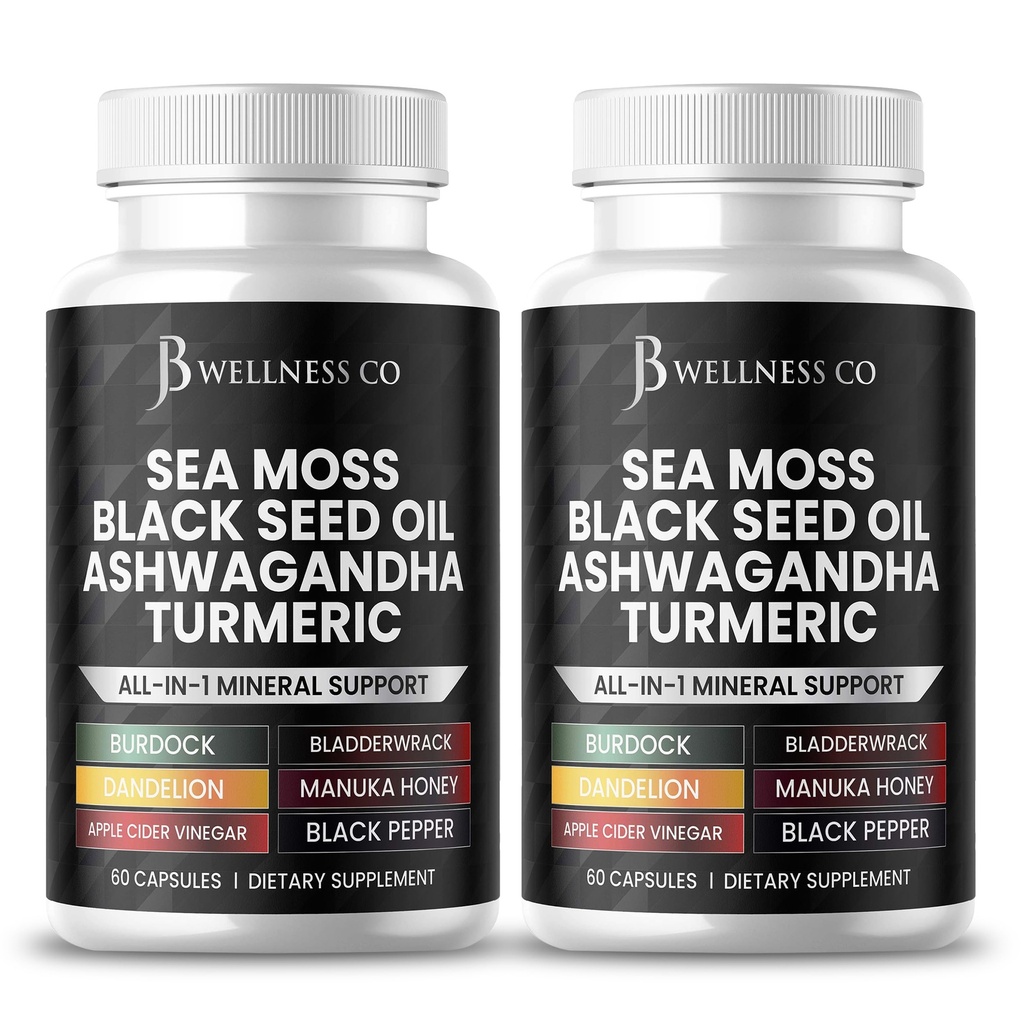 Sea Moss Black Seed Oil Ashwagandha Turmeric Bladderwrack Burdock - med Manuka, Honey Dandelion, ACV Black Pepper Gluten Free - 120 Count