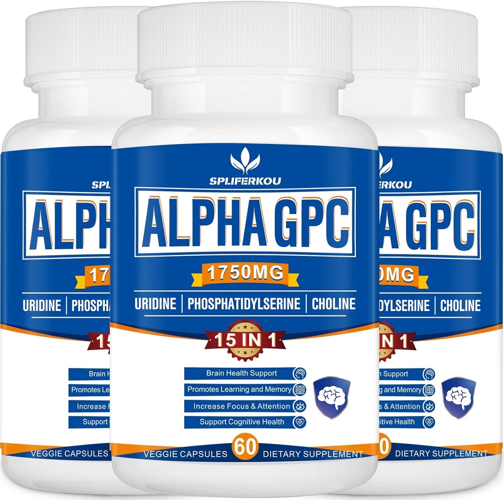 15-i-1 Alpha GPC Supplement med Phosphatidylserine, Uridine, L-Theanine, Lion's Mane Mushroom, 180 kapslar