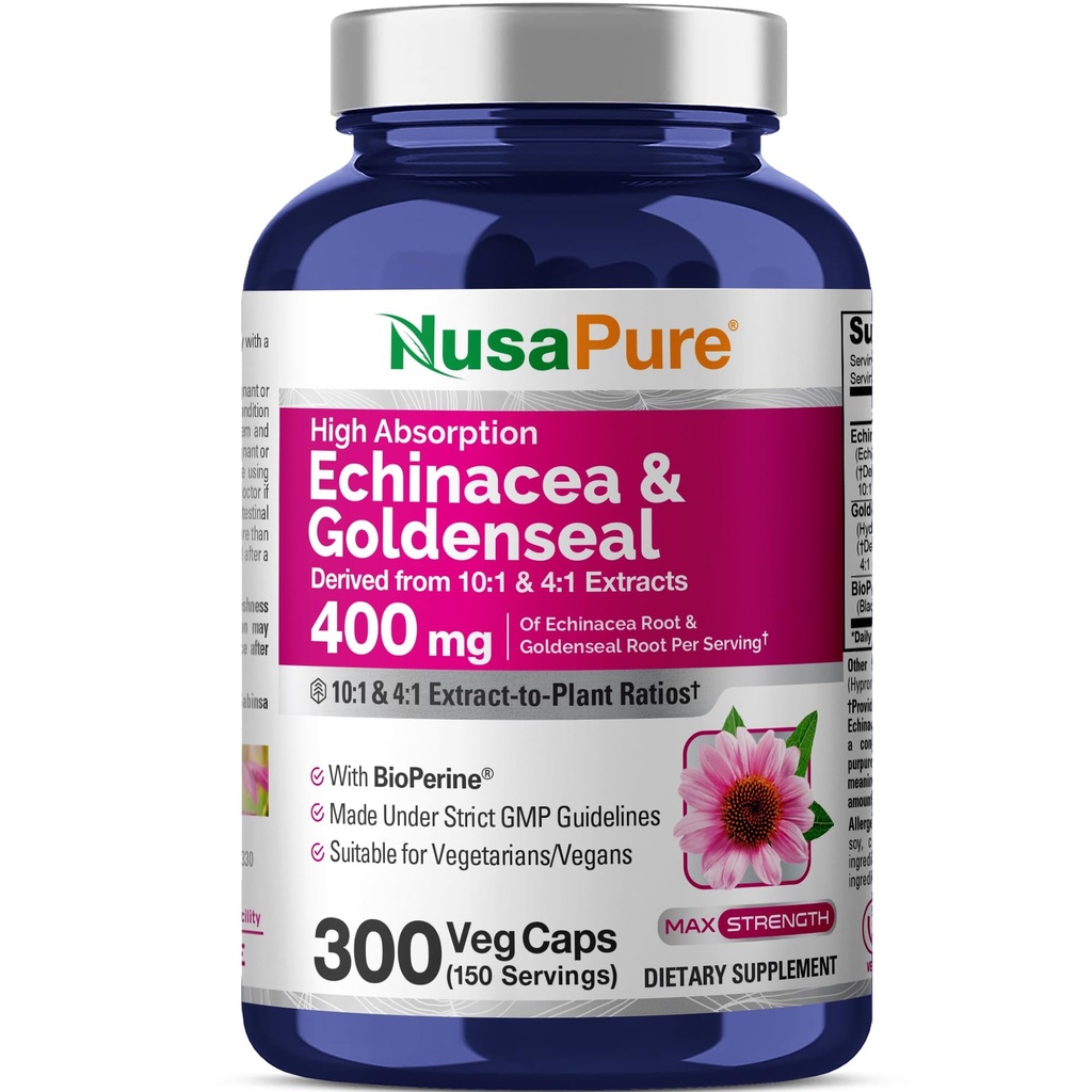 NusaPure Echinacea Goldenseal 200mg, (Extract 10:1, Equivalent till 2000mg), 200mg, (Extract 4:1, Equivalent till 800mg) - 2800mg 300 Veggie Caps (Vegetarian, icke-GMO, Vegan)