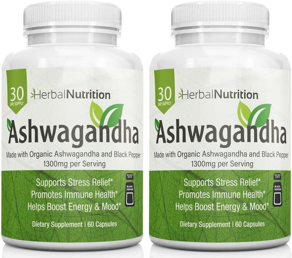 Herbal Nutrition Organic Ashwagandha 1300mg Max Strength, Two Bottle Pack, 120 kapselia Plus Black Pepper biologiseen hyötyosuuteen