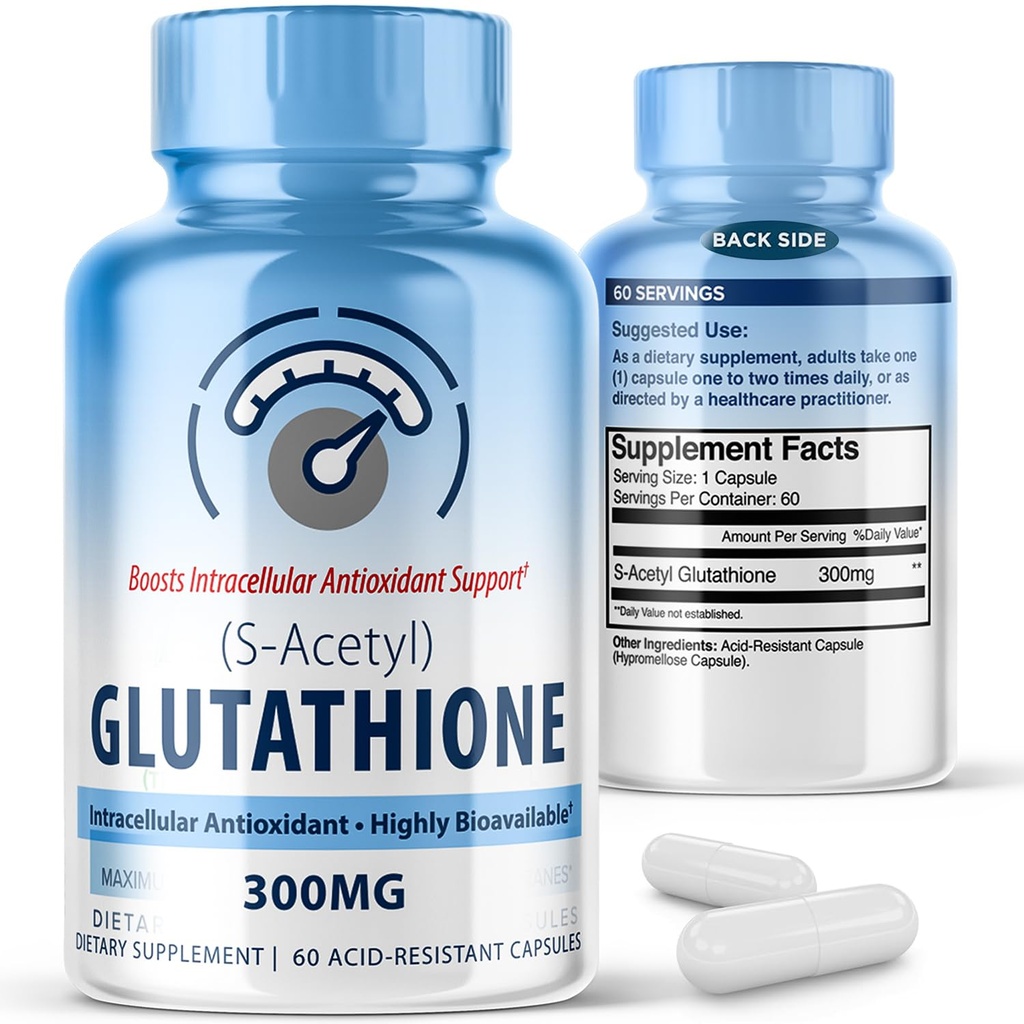 S-Acetyl L-Glutathione 300mg - 60 Acid-Resistant Capsules, High Bioavailability S Acetyl Glutathione Supplements for Liver & Skin Health, Supplement Antioxidant Support Capsules