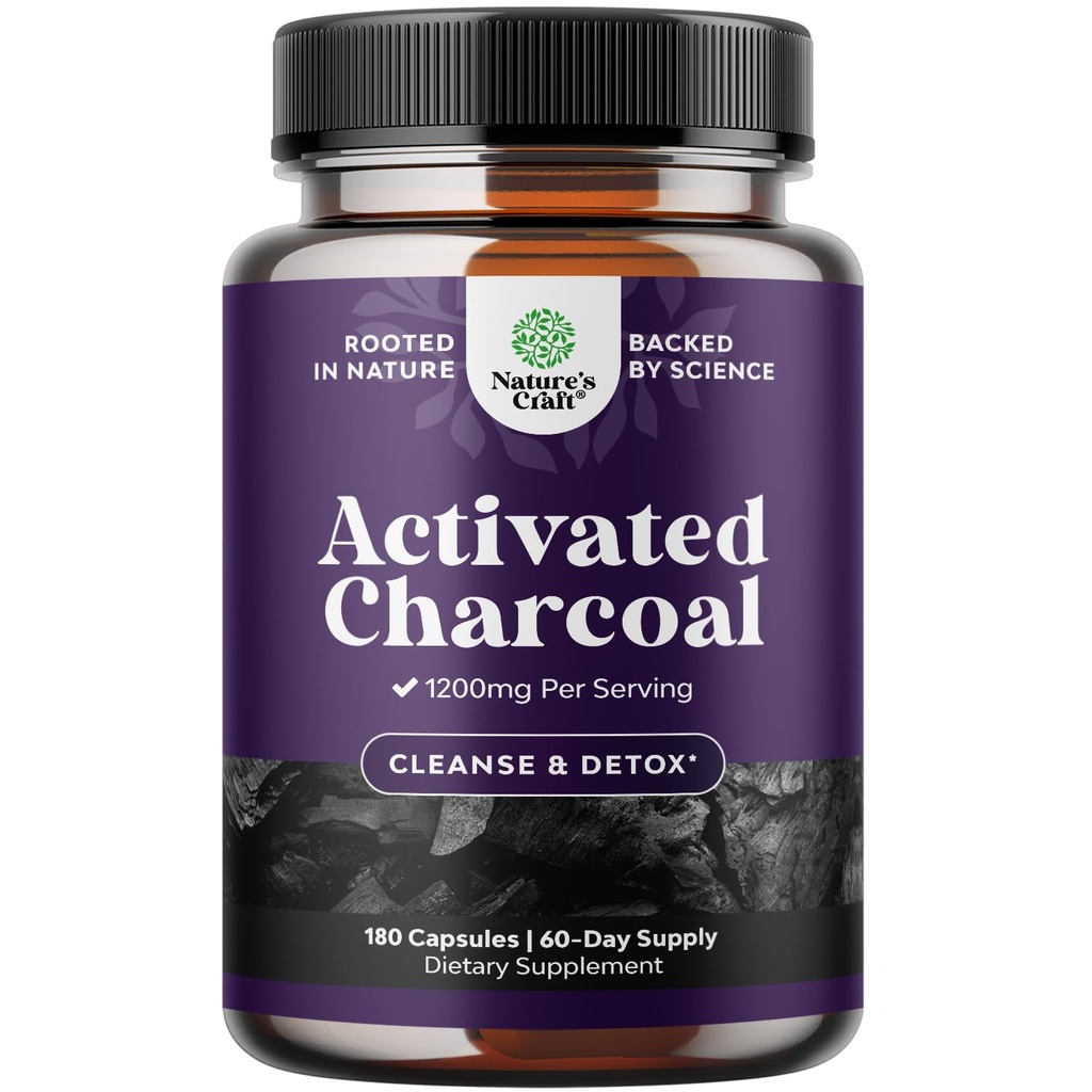 Natures Craft Aktiivinen Charcoal pillereitä Detox & Cleanse - Puhdistaa Coconut Capsules 1200 mg per Serving for Bloating Relief - Aktiivinen Detox täydentää Body & Gut Health -180