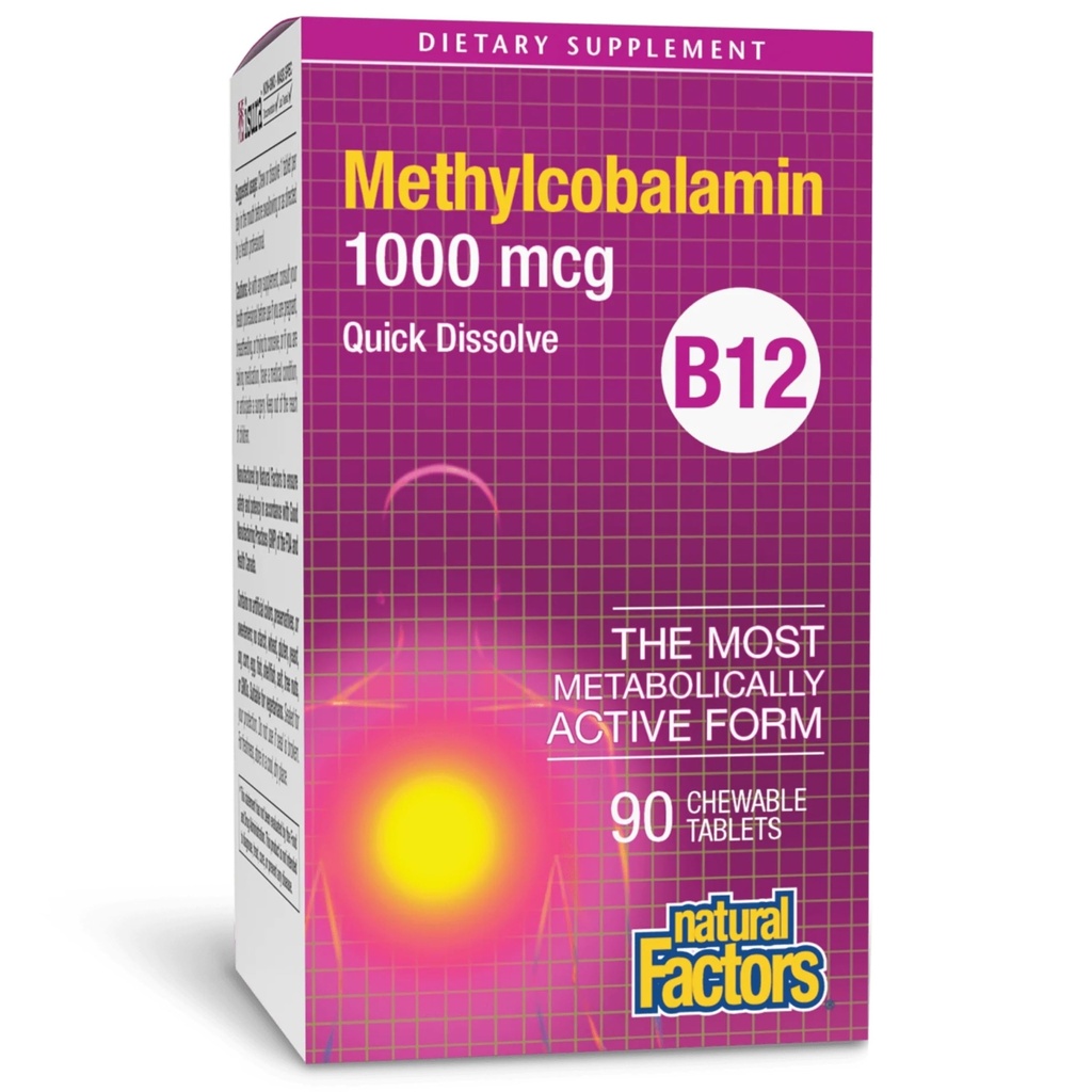 Luonnollinen tekijä, B12-vitamiini Methylcobalamiini 1000 mikrog, purutabletti, kasvissyöjä, gluteeniton, 90 tablettia (90 annosta)