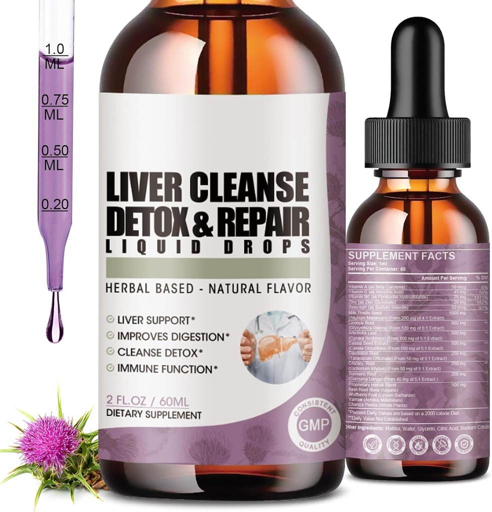 2 Pack Liver Cleanse Detox & Repair Liquid Drops Milk Thistle, Artisoke Extract, Liver Supplement for Liver Cleanse & Detox, Antioksidantti, Ruoansulatuskanavan tuki, Vegan - 4 Fl Oz