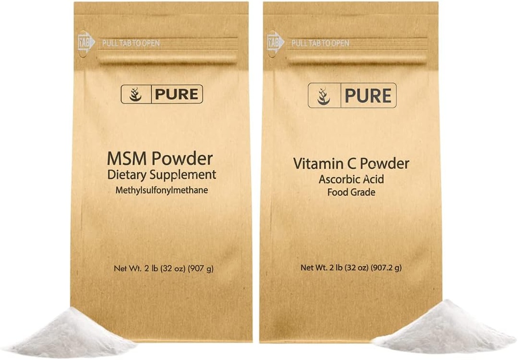 PURKIN ALKUPERÄISET AINEET C-vitamiini Powder & Methylsulfonyylimetaani MSM Powder Bundle, (2 lb) Aina puhdas, Ravintolisät