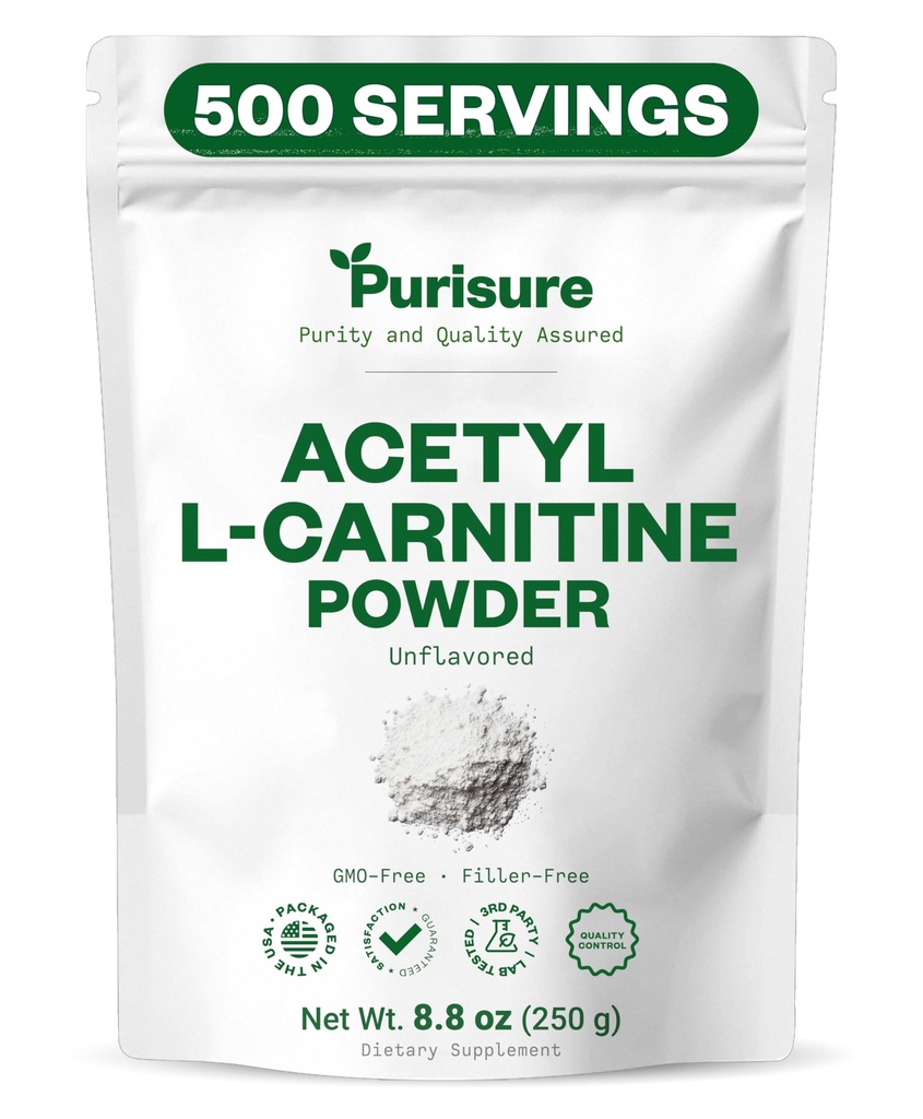 Purisure Acetyl L-Carnitine Powder, 250g, ALCAR Powder, Amino Acid Supplement, Acetyl L-Carnitine Supplement för bättre kognitiv prestanda och Muscular Endurance, Gluten Free, Non-GMO, 500 Servings