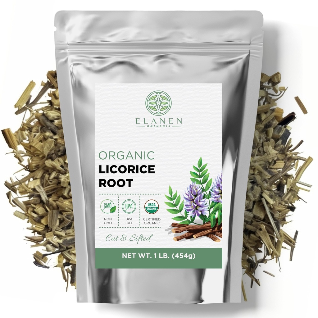 Elanen Naturals Organic Licorice Root 1 lb. (16 oz.), USDA Certified Organic Licorice Root Tea, Licourice Bulk Choped, Laquorice, Raiz de Regaliz Licrice, Glycyrrhiza glabra, Leikkaa & Sifted