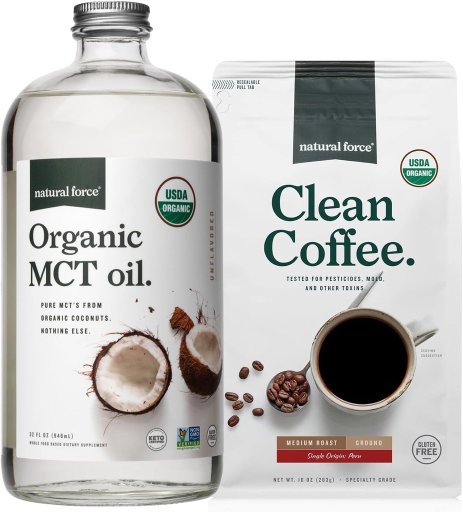 Natural Force Organic Ground Clean Coffee + Organic MCT Oil Bundle 100% Pure Coconut MCTs & Mold & Mycoxin Free Coffee ...