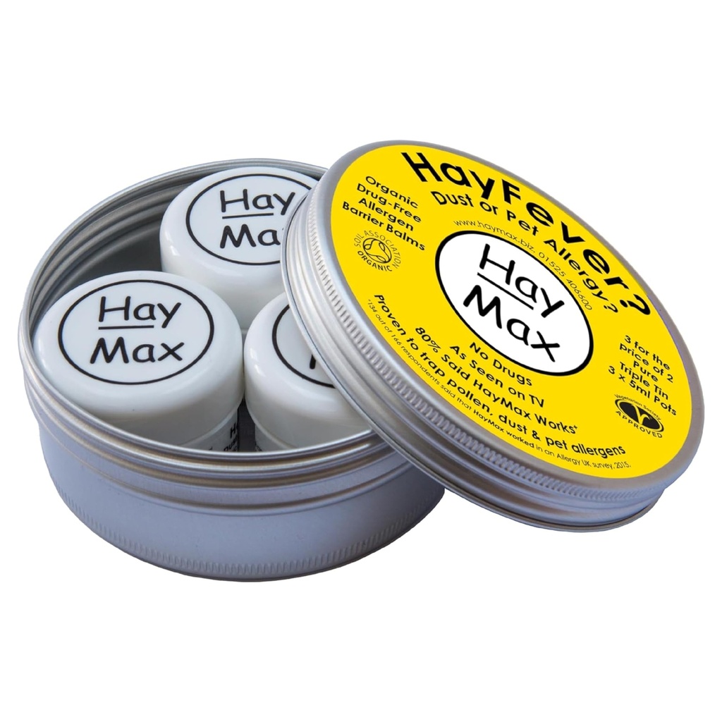 HayMax Allergen Barrier Balm Triple Tin Pure - Pakkaus 3 - Organic, Natural & Non-Drowsy Hay Fever & Allergy Relief Balm - Ansat Siitepöly, pöly & muut allergen hiukkaset - Levitä ympäri nenä & silmät