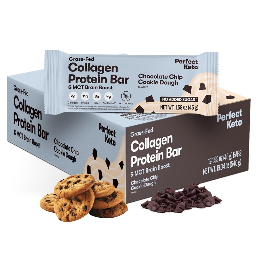 Täydellinen kollageeniproteiinipatukat, gluteeniton ruoho Fed Collagen + MCT Öljy, Low Carb, Ei sokeria Lisätty, Korkea Proteiini Välipalat, Keto Ruokaruoka Foods, 11g proteiinia, 18g rasvaa, 3g Net Carbs, Suklaa Chip, 12 Bars