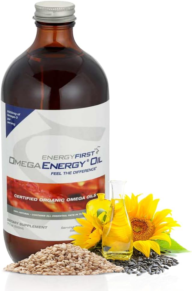 EnergiaFirst Omega Energy Oil - Omega 3 & 6 täydennysosa pellavansiemenillä, auringonkukansiemenillä, seesaminsiemenillä ja kurpitsansiemenöljyllä, vegaaninen hapettumisenestoaine & 12oz
