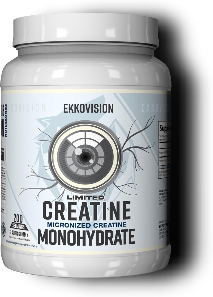 Ekkovision Creatine Monohydrate Powder, Micronized, Glacier Gummy, Pre Workout & Post Workout Supplement för Män & Kvinnor, Energisupport, Lätt att Mixa i Shakes, Smoothies & Beverages, 200 Servings