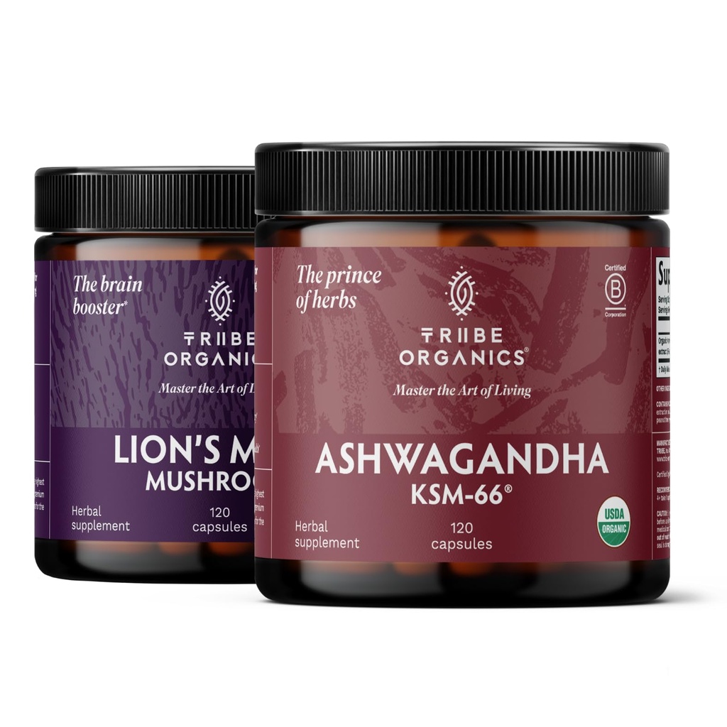 TRIBE ORGANISAATIO NOTROPIC Duo - KSM66 Ashwagandha + Organic Lion's Mane - Beyond Focus, Mind Awareness and Mind Health