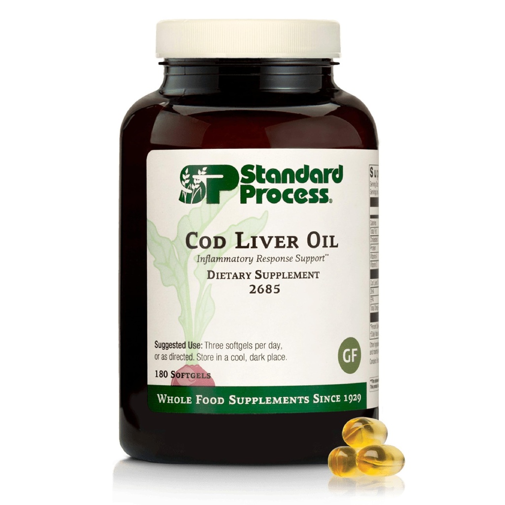 Standard Process Cod Liver Oil - Aids Terve iho & silmät Omega-3 rasvahapot & vitamiinit A ja D - Bone & Hampaiden terveys tuki - Gluteeniton, ei-meijeri & Non-Soy - 180 Softgels (60 tarjoilua)