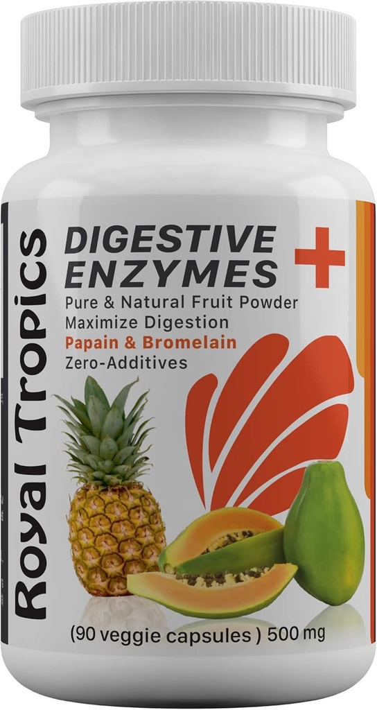 Royal Tropics Digestive Enzyme Supplements - Vegetarisk Formel med Green Papaya Tillsatte Bromelain Acid Reducer för Perfect Gut Health Veggie 90 Capsules 500 mg