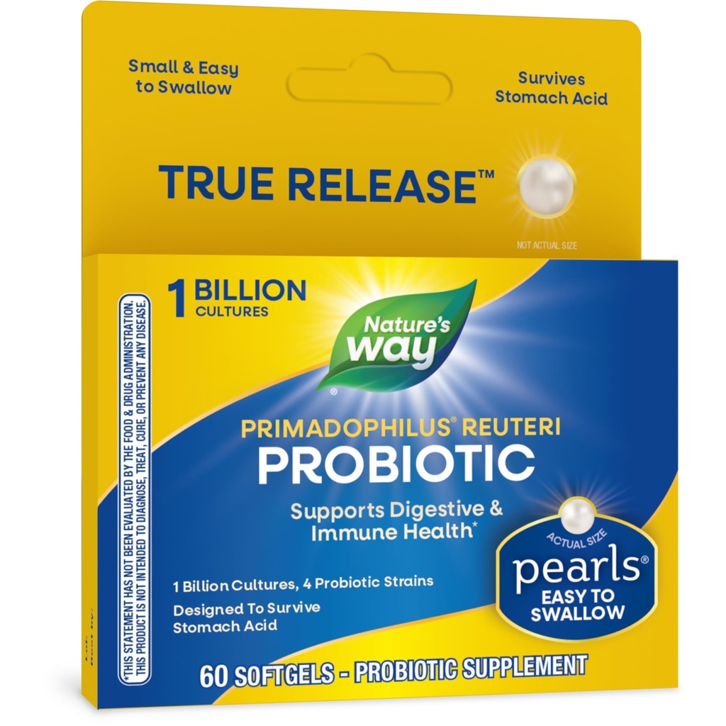 Nature's Way Primadophilus Reuteri Probiootti Helmiä miehille ja naisille, Ruoansulatus ja immuuniterveys*, 1 miljardi kulttuuria, 4 Probiootti kanta, Survives vatsahappo, 60 Softgels