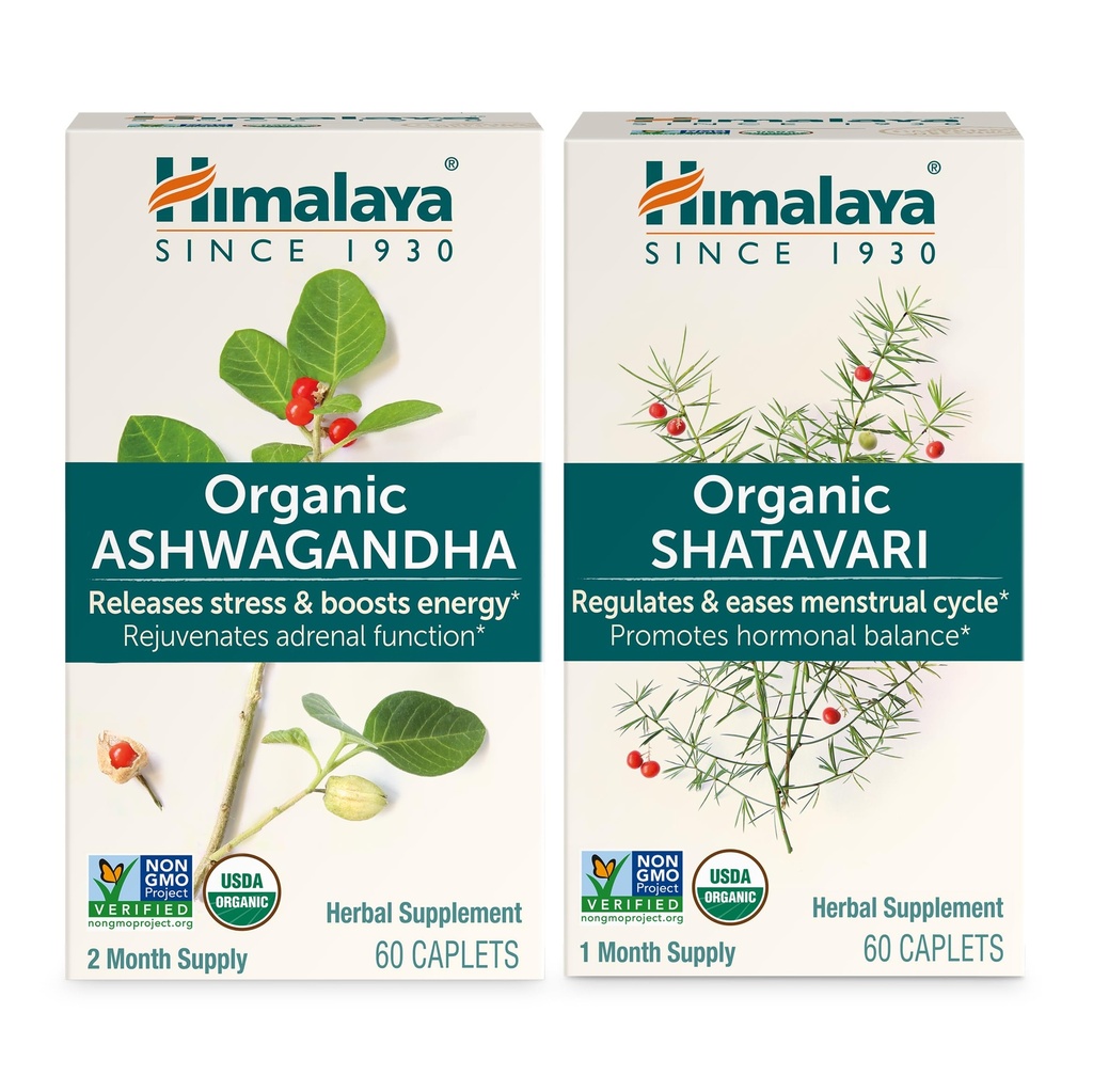Himalaya Organic Ashwagandha for Energy Support Plus Organic Shatavari for PMS, Menstrual Cramp Relief & Menopause Support, 60 kapselia Jokainen 2 Tuote Bundle