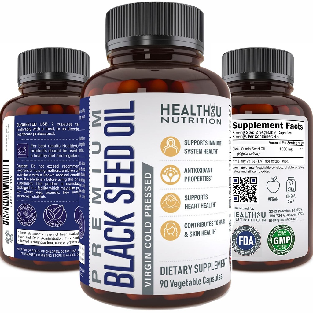 Premium Black Cumin Seed Oil Capsules - Virgin Cold Pressed Nigella Sativa Black Seed Oil Pills - Immun Support Supplement - Omega 3 6 9 Vitamin E Blackseed för Nails Hair Skin 1000 mg p/Serving