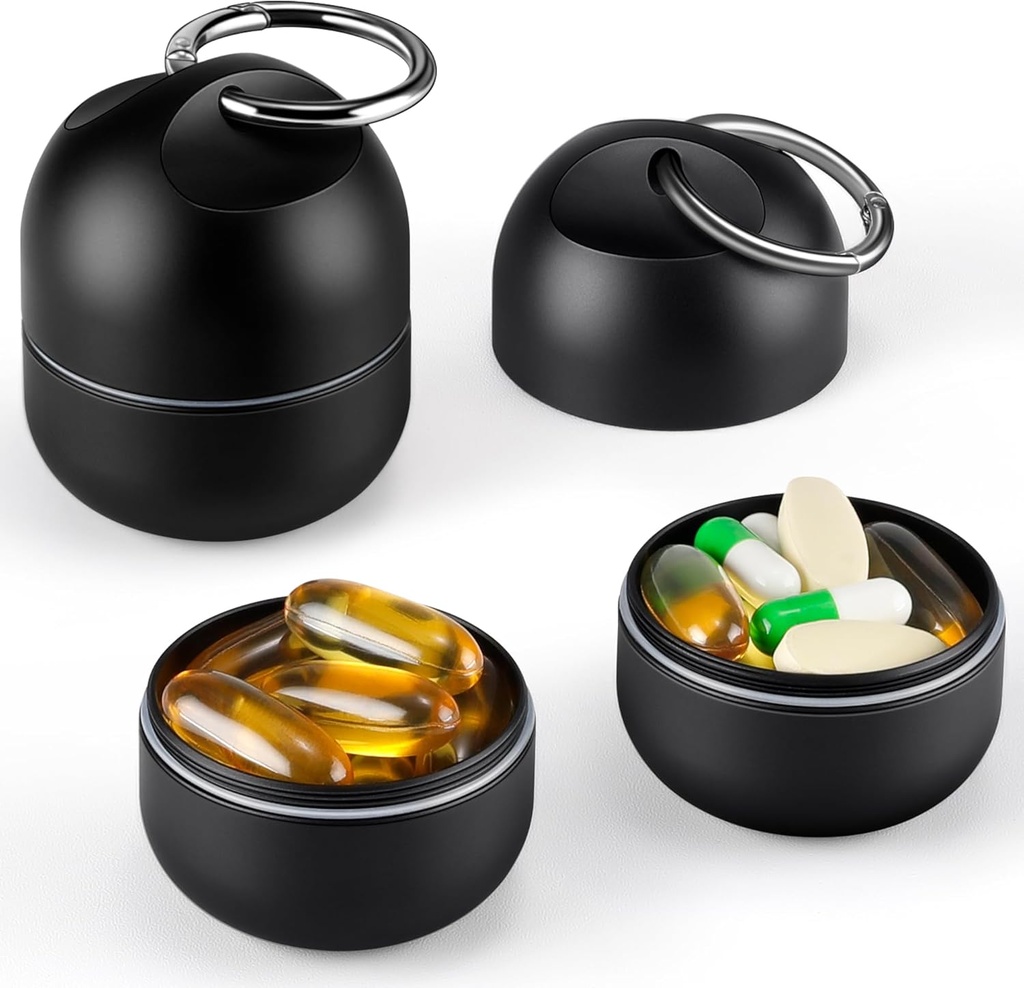 Zannaki Small Portable Single Pill Box Keychain - Metal Daily Travel Pill Organizer tapauksessa, vedenpitävä pillerinpidike pullo, söpö Medicine Supplement Container Container Pocket tai kukkaro, musta