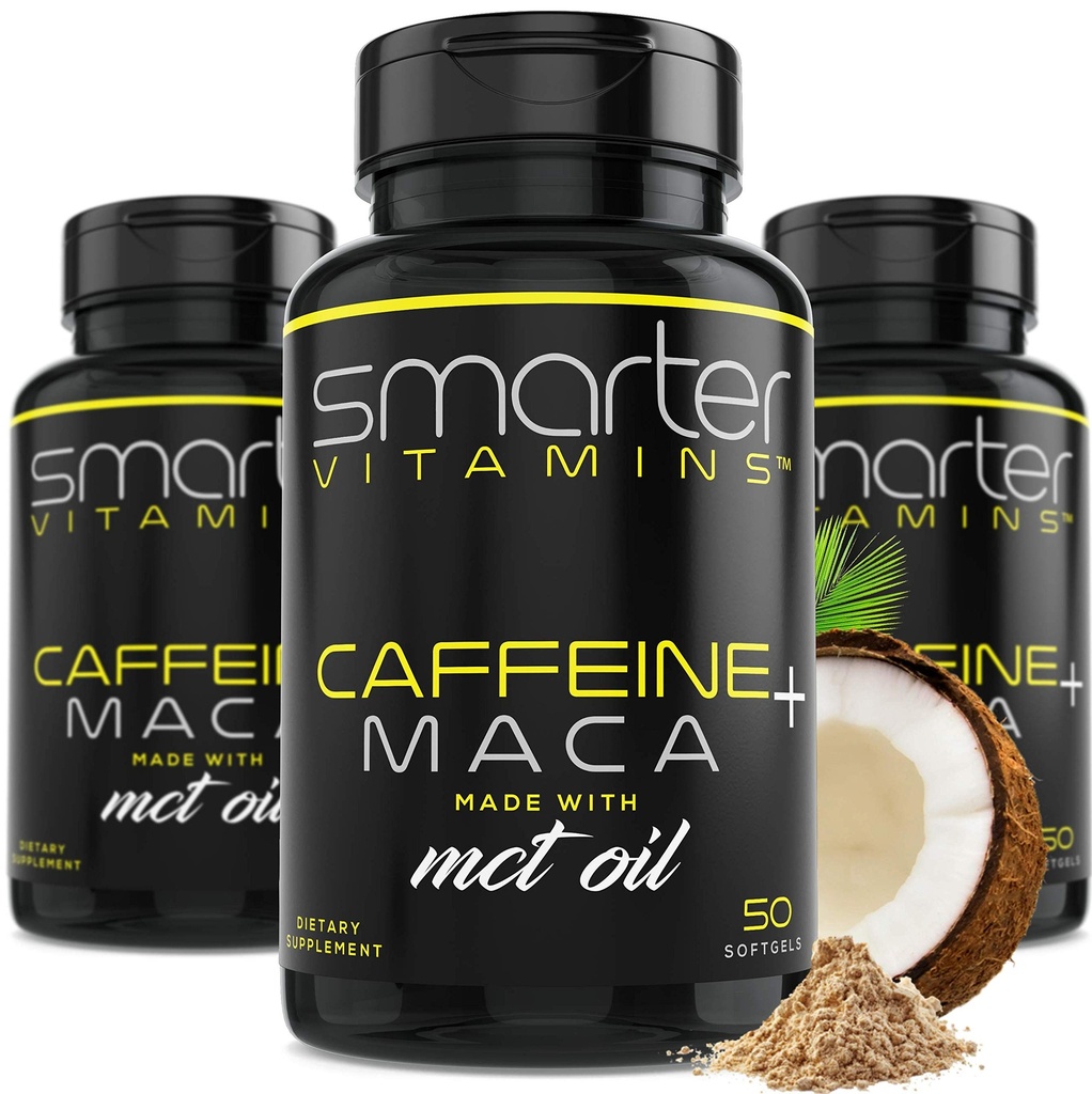(3 pakkausta) Älykkäämpiä energiapillereitä, 200 mg kofeiinia ja kookospähkinää Öljy Maca Root, 150 Liquid Softgels