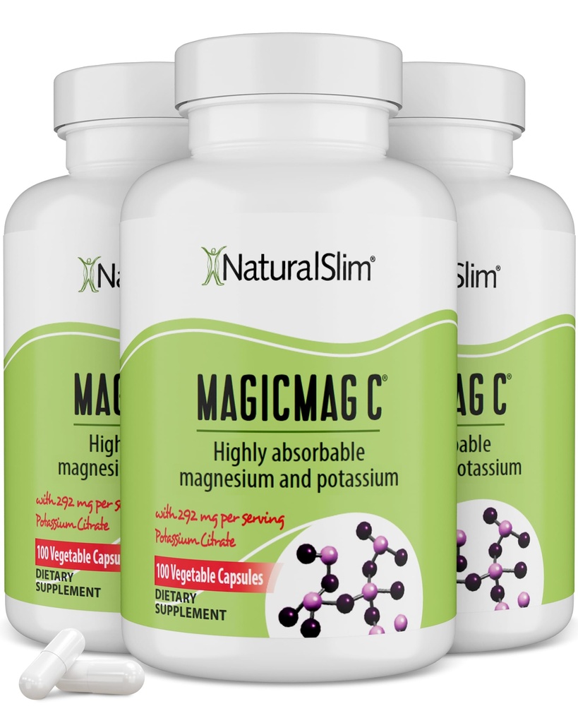 MagicMag C av NaturalSlim, Magnesium Citrate med kalium för muskelavslappning, sömnkvalitet, nervfunktion och elektrolytstöd, daglig magnesiumtillskott för män och kvinnor, 100 kapslar 3pk