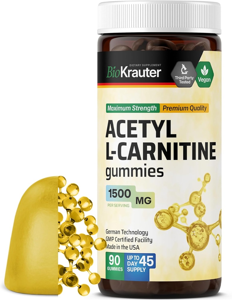 BIO KRAUTER Acetyl L Carnitine Gummies - 1500 mg Vahvuus - 90 Vegan Chews - Aminohappo Acetyl L Carnitine Supplement - Pektiinipohjainen, ei-GMO