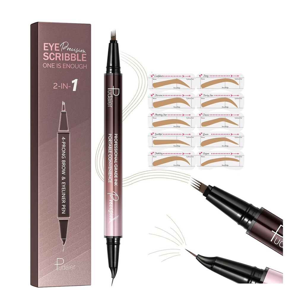 2-in-1 kaareva kulmakarvakynä ja eyeliner 10Pcs kulmakarva Stencils, Microblading kulmakarvakynä 4 Fork-Tip ja kaareva Tarkka kärki, vedenpitävä ja pitkäikäinen kulmakarva Kynät naisille, kevyt vaalea