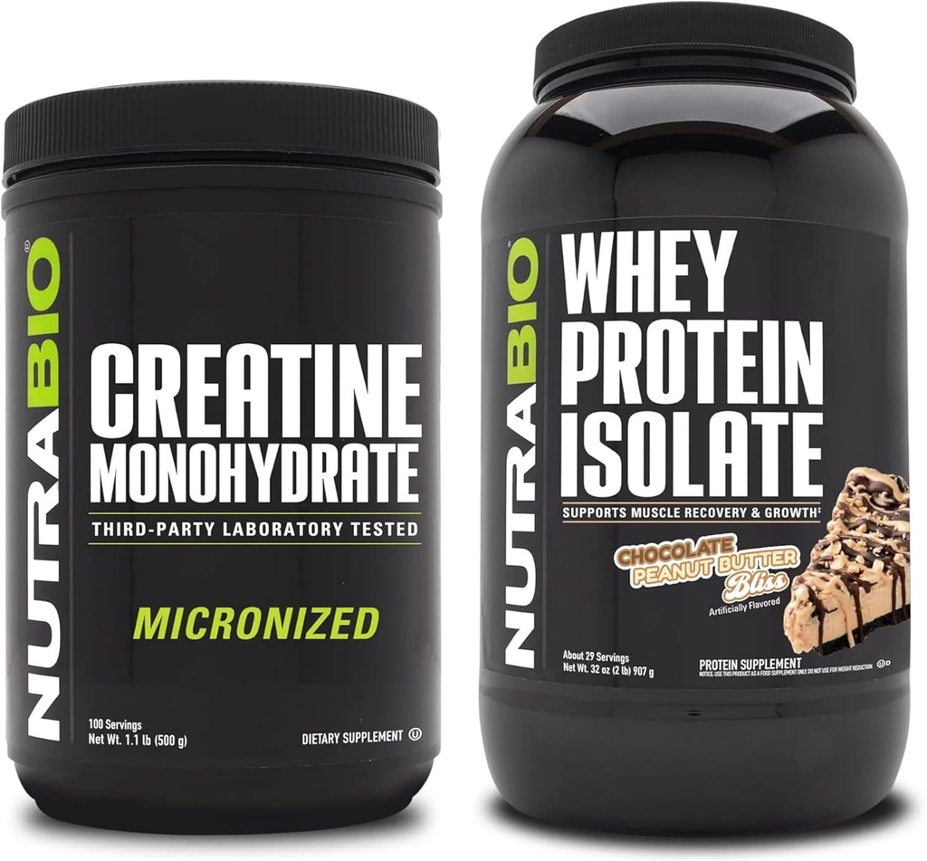 NutraBio Creatiini Monohydraatti, makuamaton, 500g ja heraproteiini-isolaatti, suklaamaapähkinävoi, täydennysosa Bundle - Lihasenergia, Lean lihasten kasvu, elpyminen, ja vahvuus
