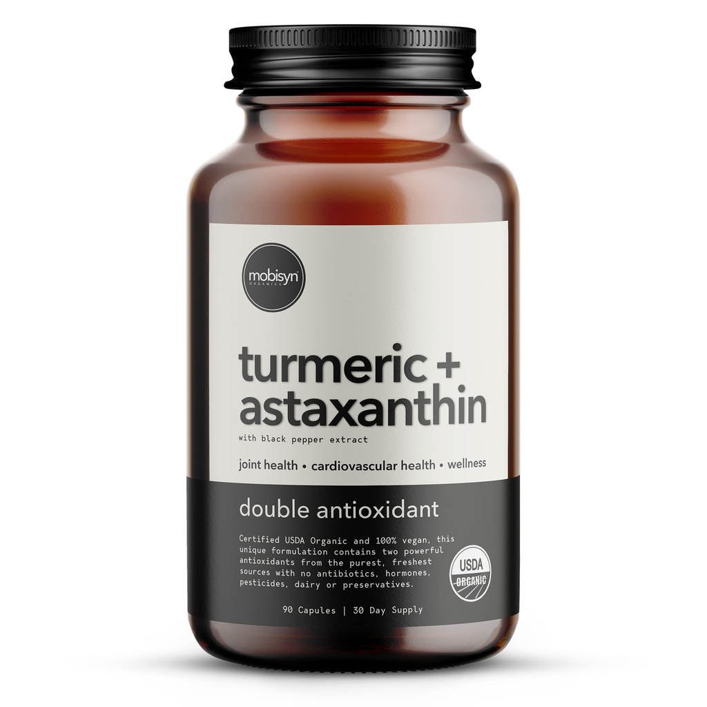 Organisk Astaxanthin 12mg Plus Turmeric 1500mg, Black Pepper Extract, High Absorption, Eye, Heart, Skin, Joint, Vegan, Gluten-Free, Non-GMO, Double Antioxidant, Turmeric Curcumin Supplement, 30-Days