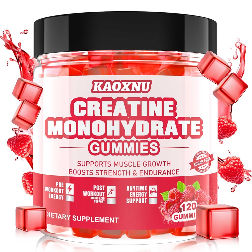 Kreatinmonohydrat Gummies för män och kvinnor 120 CT - 5000mg kreatinmonohydrat per portion - Sugar Free Chewable Creatine för muskelstyrka, muskelbyggare, energiboost (Raspberry smak)