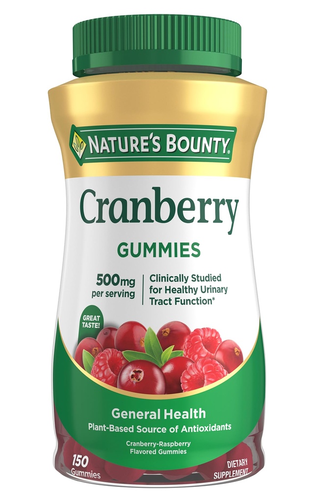Nature's Bounty Cranberry Gummies, Virtsatietuki, 500 mg, Vadelmamamaku, 150 Ct