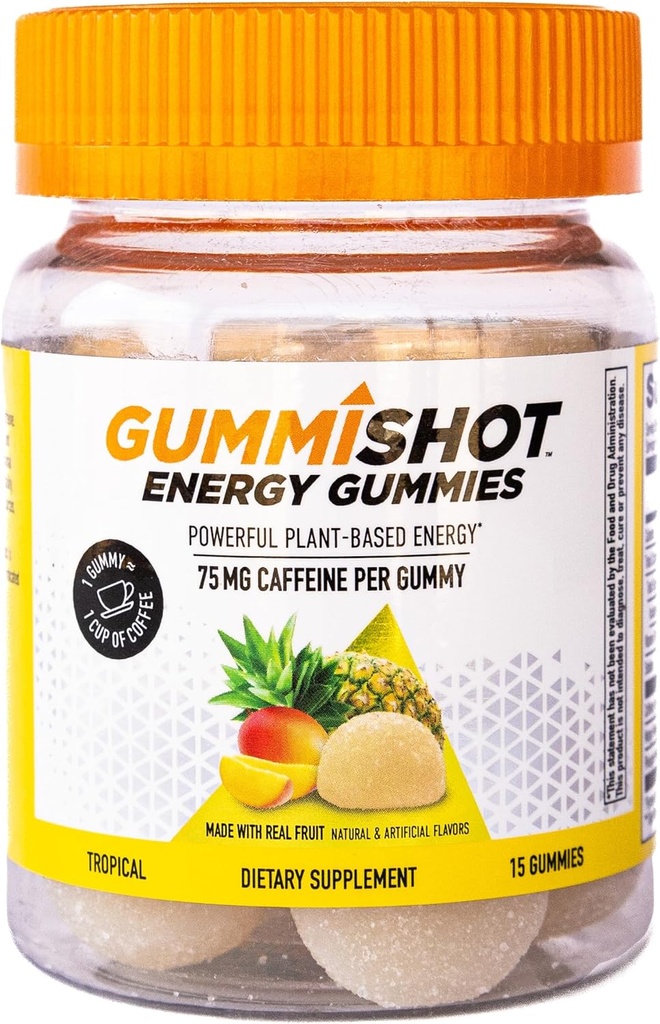 GummiShot Energy Gummies, 1125 mg kasviperäistä kofeiinia purukumia pullo, pitkäikäinen energiatehokkaat, trooppinen (15ct)