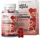 Wild & Organic Panax Ginseng Gummies 1500 mg - Korean punainen Ginseng täydennysosa - Vegaani, ei-muuntogeenisiä juurijauheita Chews - 60